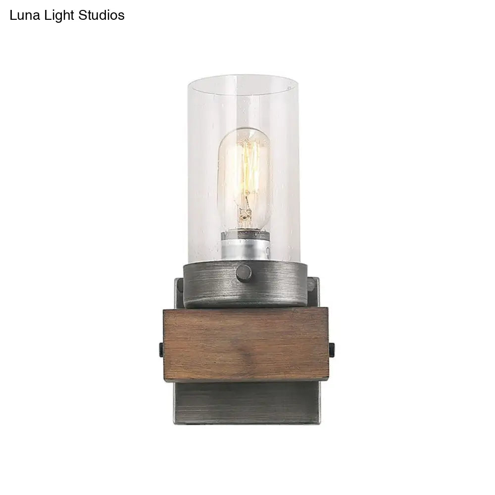 Countryside Cylindrical Wall Sconce Light - Clear Glass Lamp Fixture In Brown