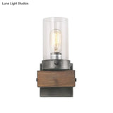 Countryside Cylindrical Wall Sconce Light - Clear Glass Lamp Fixture In Brown