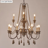 Countryside Distressed Wood Hanging Chandelier With Bead Strand Candelabra Design