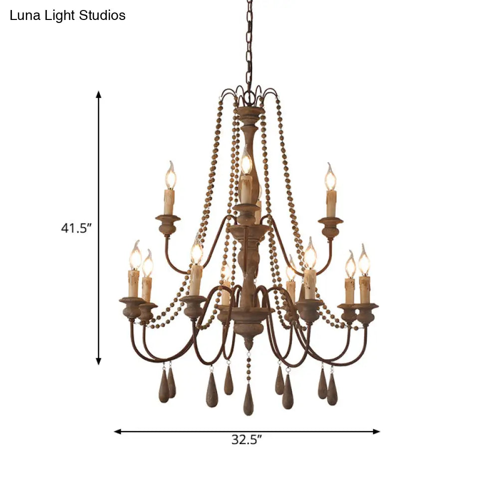 Countryside Distressed Wood Hanging Chandelier With Bead Strand Candelabra Design