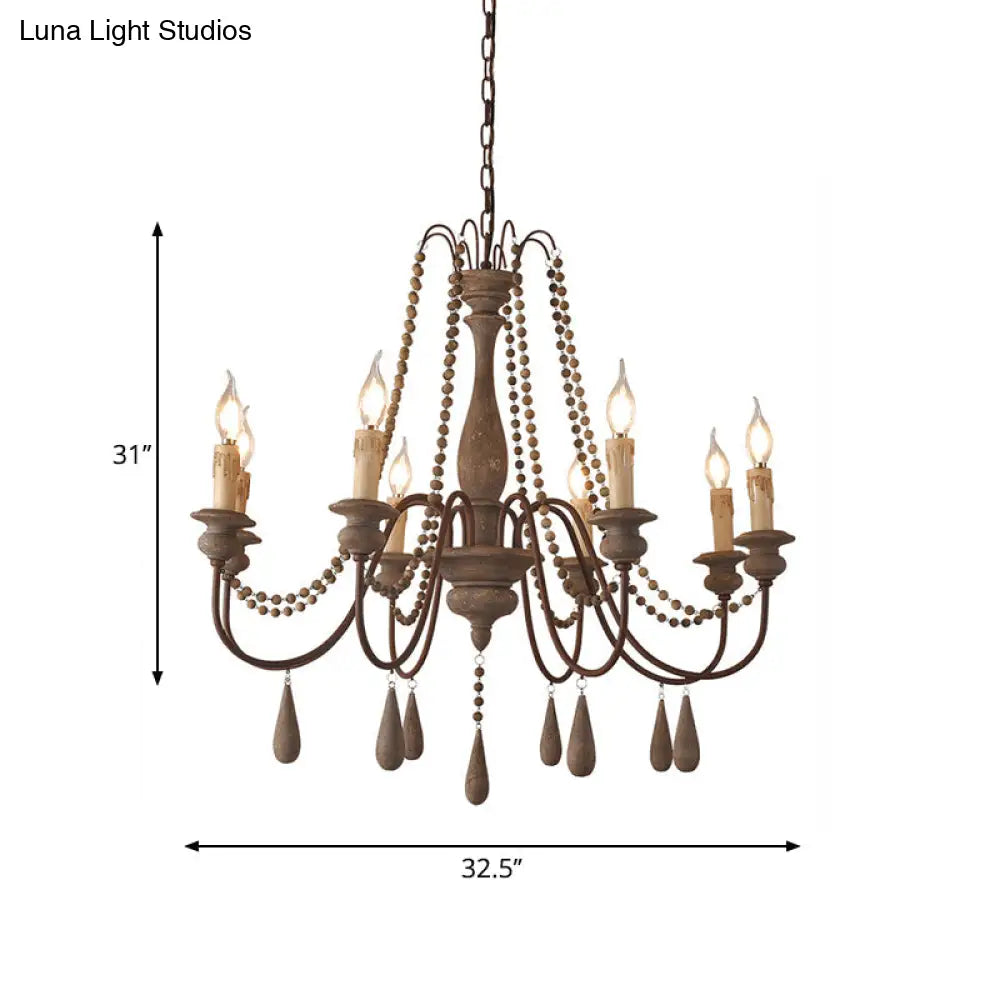 Countryside Distressed Wood Hanging Chandelier With Bead Strand Candelabra Design
