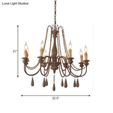Countryside Distressed Wood Hanging Chandelier With Bead Strand Candelabra Design