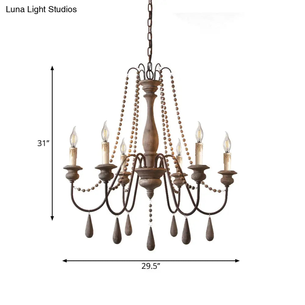 Countryside Distressed Wood Hanging Chandelier With Bead Strand Candelabra Design