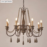 Countryside Distressed Wood Hanging Chandelier With Bead Strand Candelabra Design