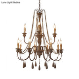 Countryside Distressed Wood Hanging Chandelier With Bead Strand Candelabra Design