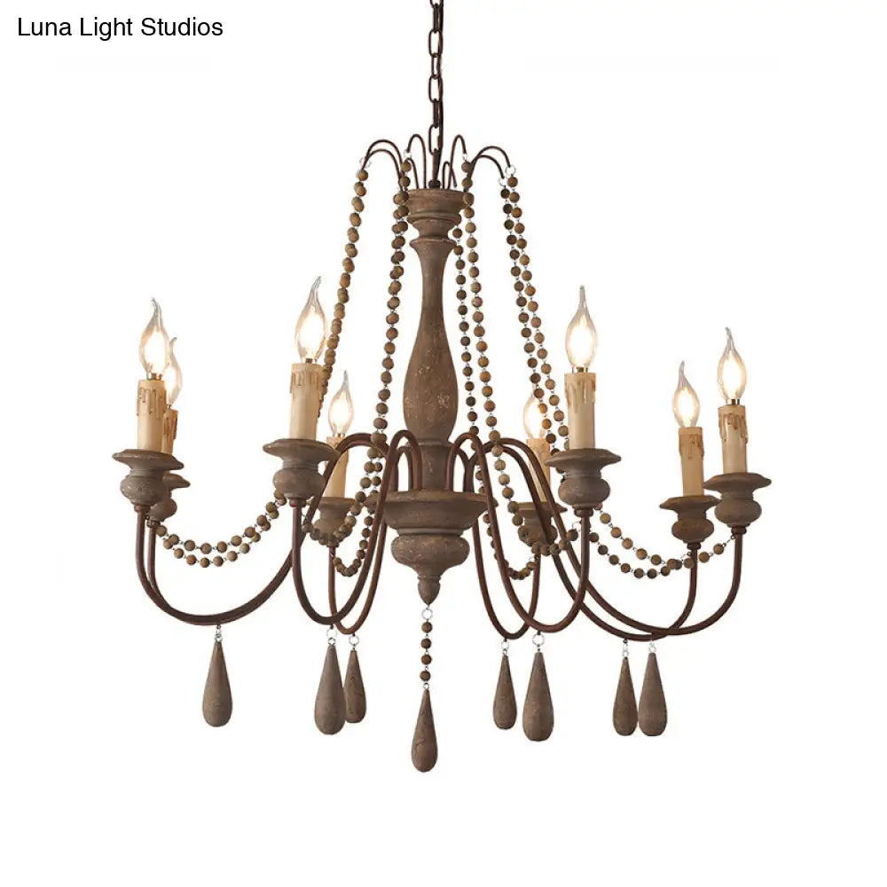Countryside Distressed Wood Hanging Chandelier With Bead Strand Candelabra Design