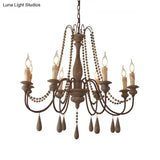 Countryside Distressed Wood Hanging Chandelier With Bead Strand Candelabra Design