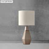Countryside Fabric Bedside Night Lamp: Cylindrical Table Light With Resin Diamond Base - White 1
