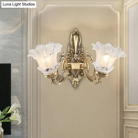 Countryside Flower Shaped Wall Lamp With Clear Ridged Glass And Brass Bulbs