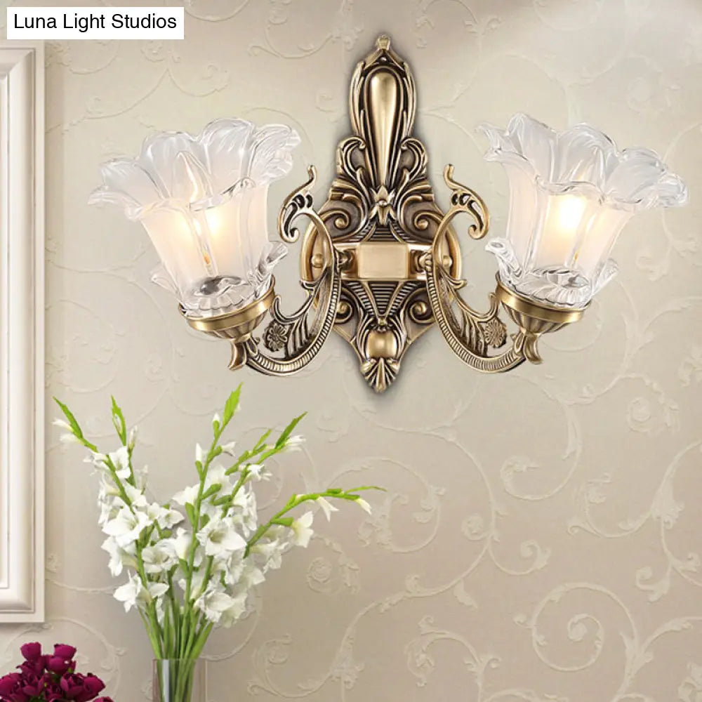 Countryside Flower Shaped Wall Lamp With Clear Ridged Glass And Brass Bulbs
