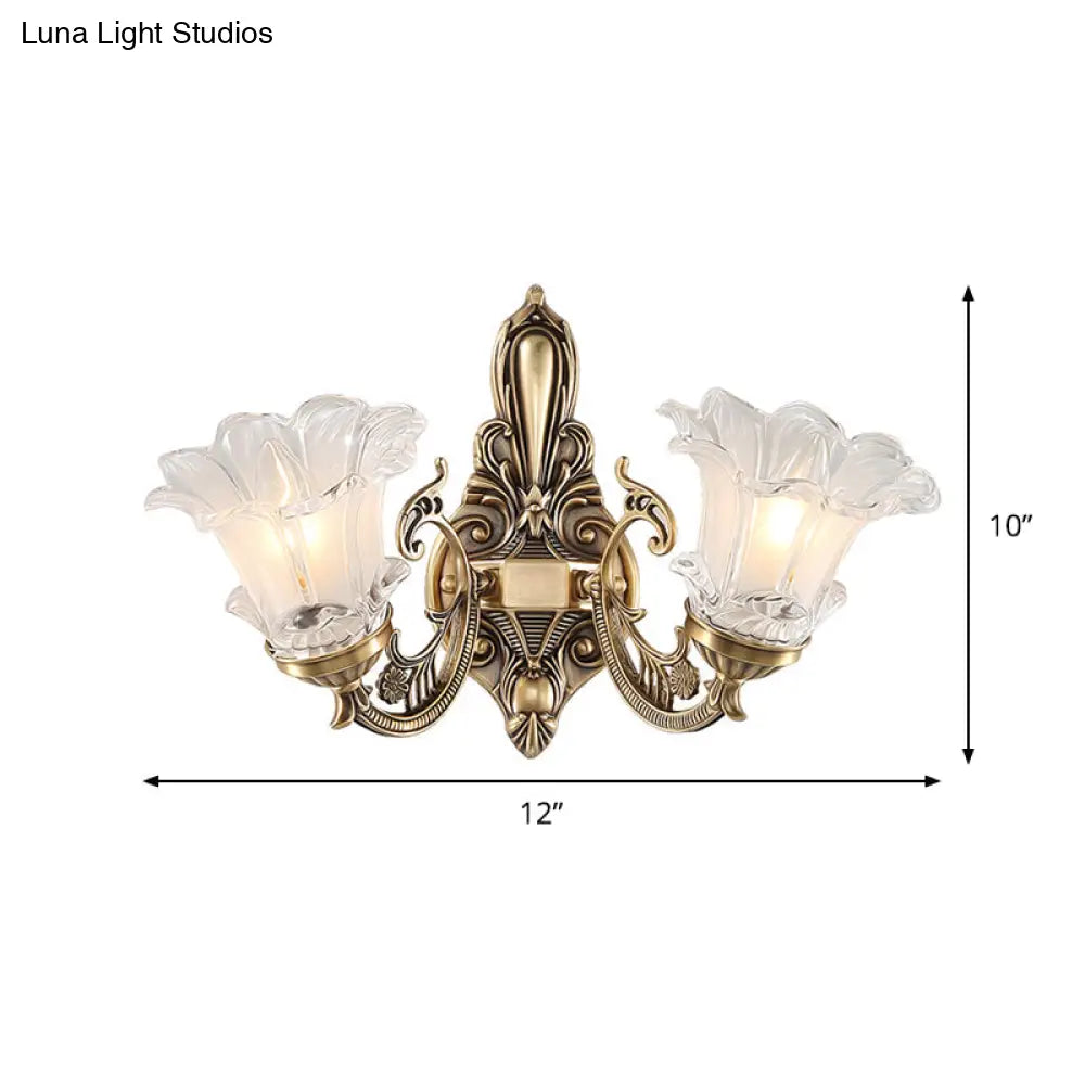 Countryside Flower Shaped Wall Lamp With Clear Ridged Glass And Brass Bulbs