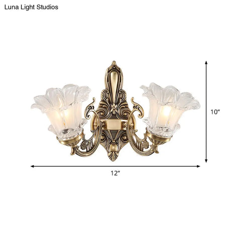 Countryside Flower Shaped Wall Lamp With Clear Ridged Glass And Brass Bulbs