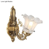 Countryside Flower Shaped Wall Lamp With Clear Ridged Glass And Brass Bulbs