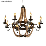 Countryside Hanging Chandelier With 6/8 Brown Bulbs And Hemp Rope Basket Pendant Design
