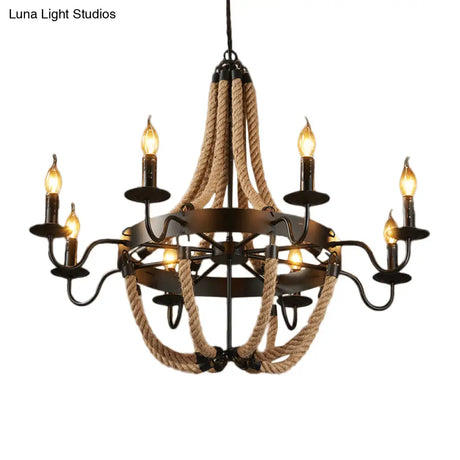 Countryside Hanging Chandelier With 6/8 Brown Bulbs And Hemp Rope Basket Pendant Design