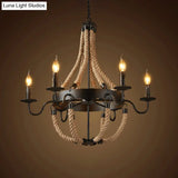 Countryside Hanging Chandelier With 6/8 Brown Bulbs And Hemp Rope Basket Pendant Design