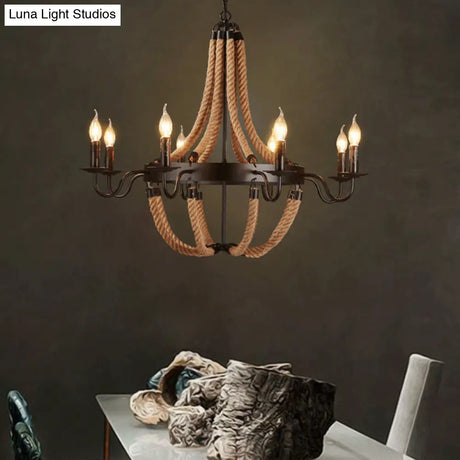 Countryside Hanging Chandelier With 6/8 Brown Bulbs And Hemp Rope Basket Pendant Design
