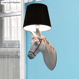 Countryside Horse Head Wall Sconce Light With Conical Lampshade Black/White