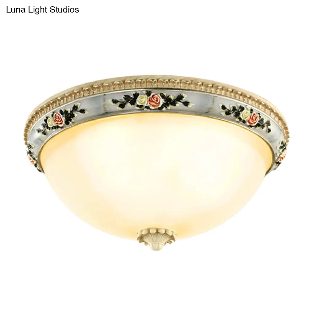 Countryside Opal Glass Grey Flush Mount Dome Ceiling Light Fixture With Floral Trim Decor - 2/3