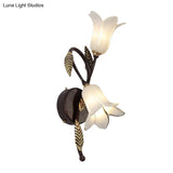 Countryside Opal Glass Wall Sconce With White/Purple Petunia Design - 2-Bulb Bedroom Lighting
