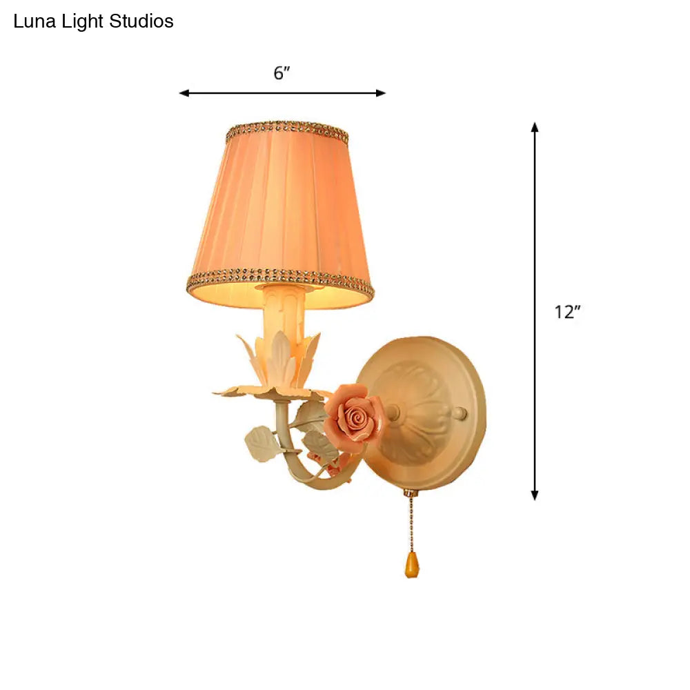 Countryside Pink Metal Sconce Light - Bedroom Wall Mount Lamp With Flower Deco