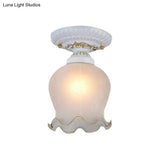 Countryside Scalloped Ceiling Flush Light Fixture In White - Ribbed Opal Glass 1 Bulb