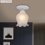 Countryside Scalloped Ceiling Flush Light Fixture In White - Ribbed Opal Glass 1 Bulb