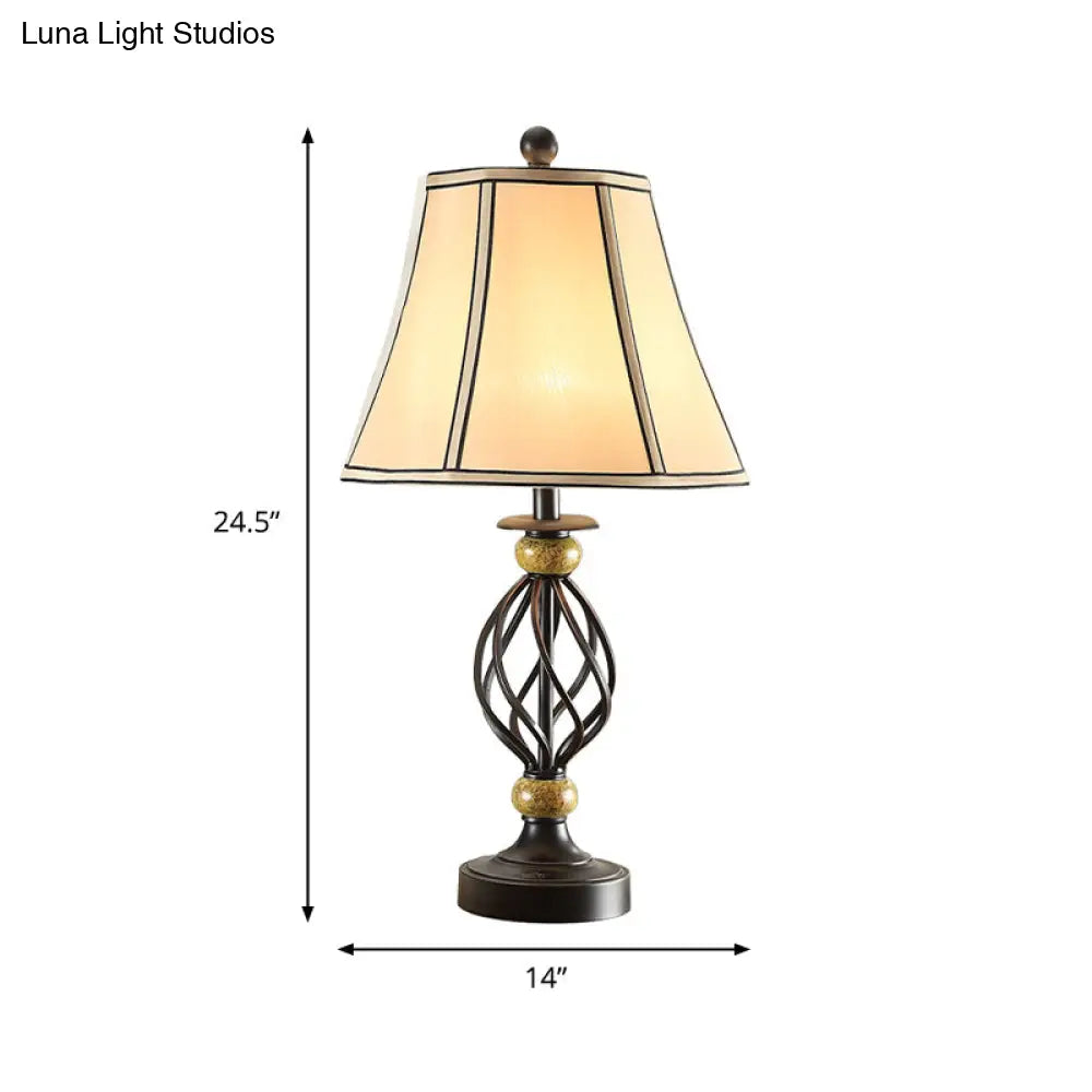 Cozy Countryside Flare Fabric Table Lamp With Swirled Black Cage Base - Perfect Night Light For