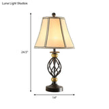 Cozy Countryside Flare Fabric Table Lamp With Swirled Black Cage Base - Perfect Night Light For