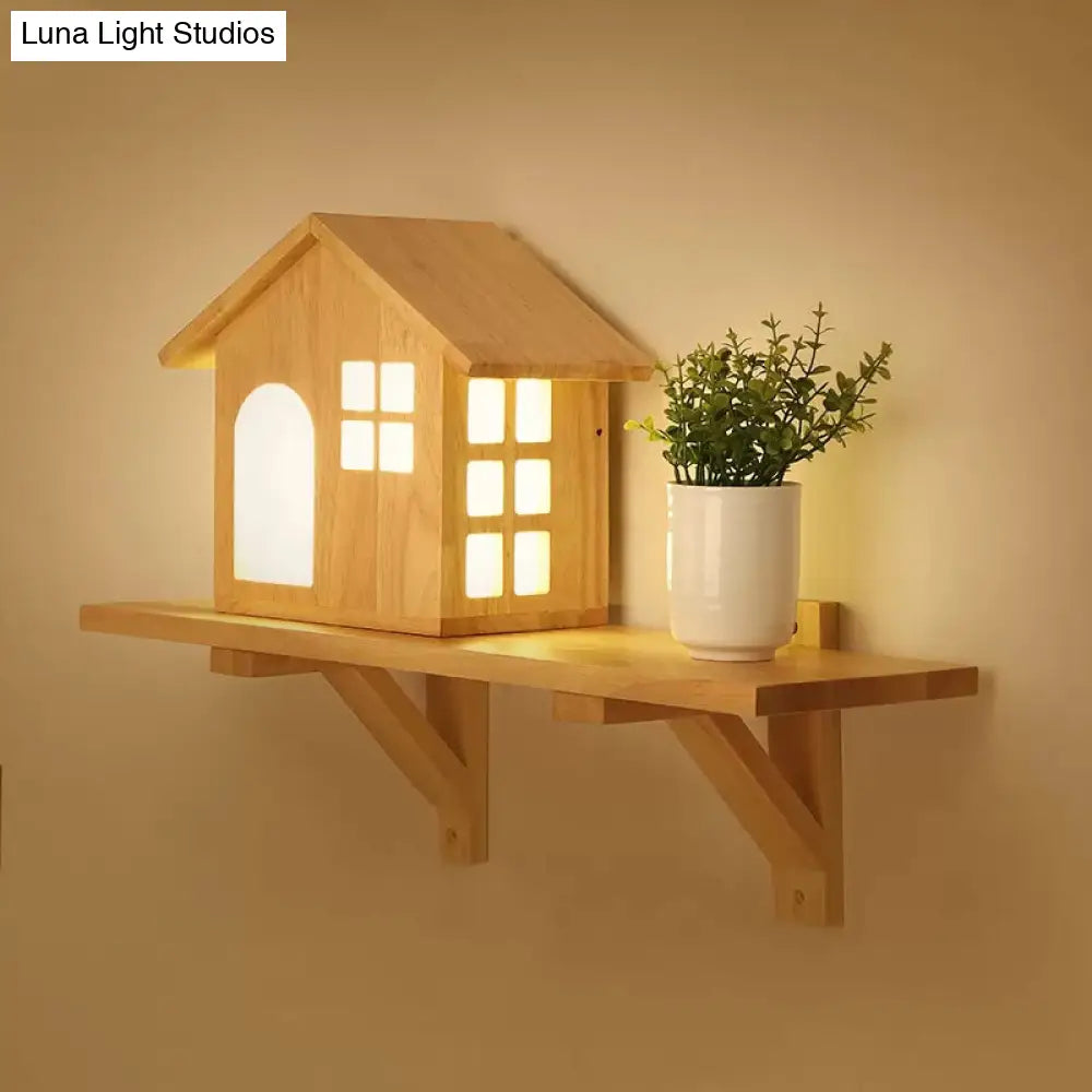 Cozy Wooden Led Wall Lamp With Shelf - Lovely Little House Style For Living Room Decor In Beige