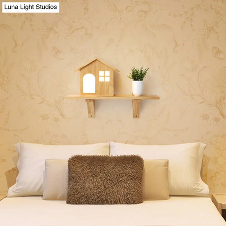 Cozy Wooden Led Wall Lamp With Shelf - Lovely Little House Style For Living Room Decor In Beige