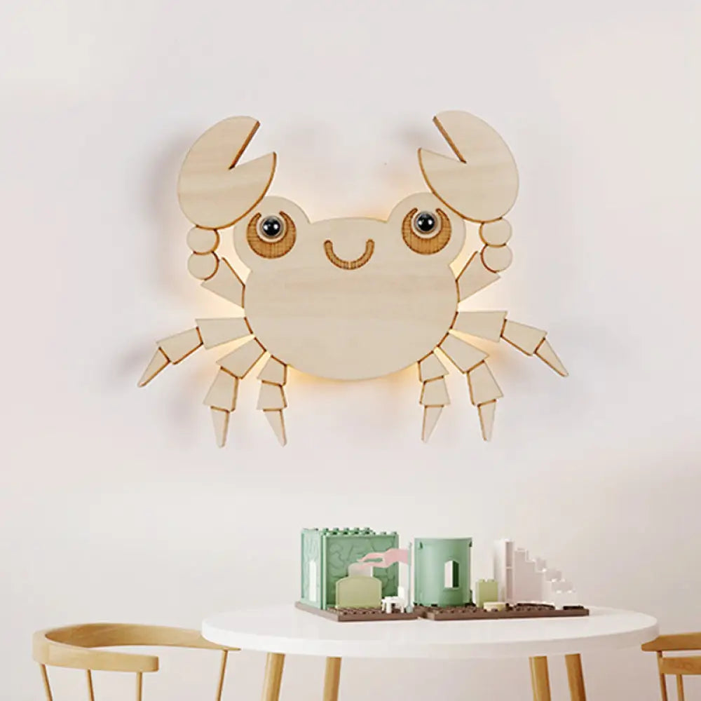 Crab Kids Led Wall Sconce Wood Cartoon Lamp - Beige