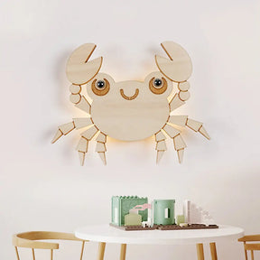 Crab Kids Led Wall Sconce Wood Cartoon Lamp - Beige
