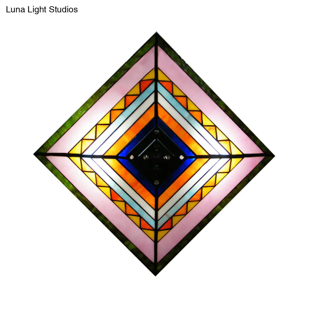 Craftsman Stained Glass Flush Ceiling Light - Multicolored Pyramid Design 2 Bulbs Foyer Mount