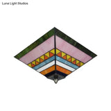 Craftsman Stained Glass Flush Ceiling Light - Multicolored Pyramid Design 2 Bulbs Foyer Mount