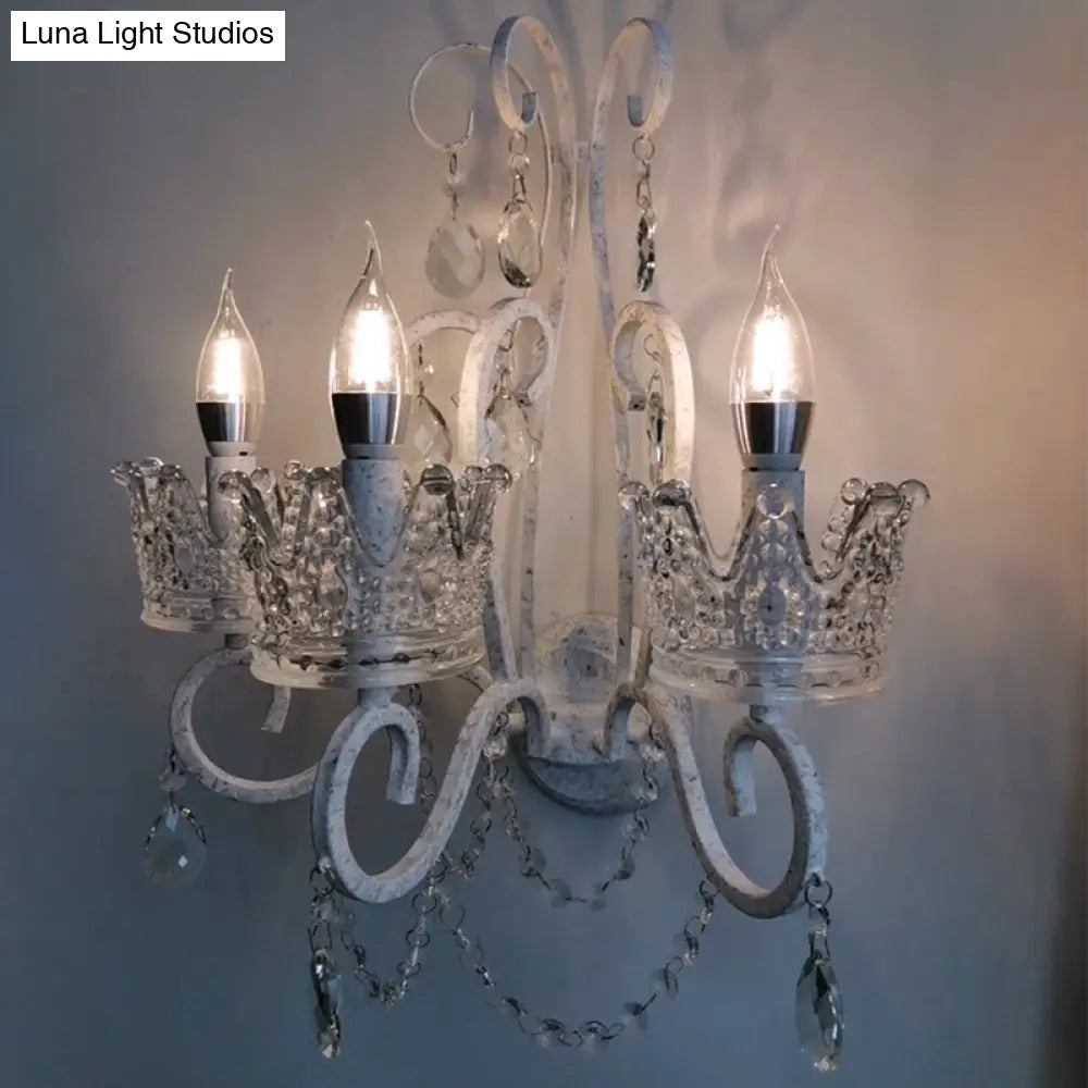 Crown Swirled Arm Crystal White Wall Mount Light - Elegant Traditional Living Room Fixture