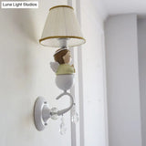 Crystal And Doll Deco Wall Light In White For Hallway - Modern Fabric Sconce Lamp With Tapered Shade