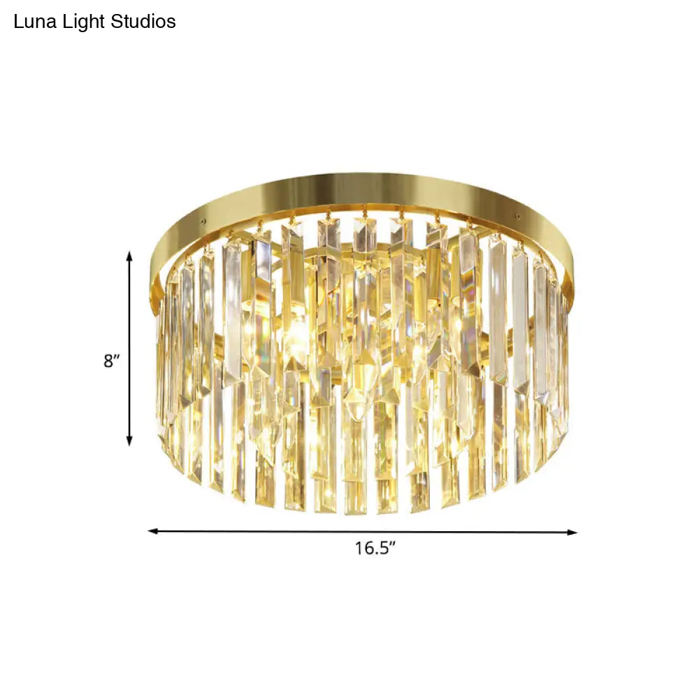 Crystal Block Flush Mount Lamp - Simplicity Brass Drum Guest Room Ceiling Light Fixture (6 Bulbs)