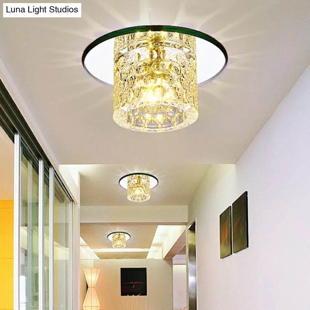 Crystal Clear Led Flush Ceiling Light For Corridor - Sleek Cylindrical Design With Dimpled
