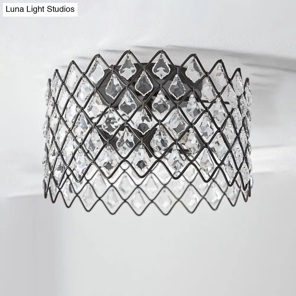 Crystal - Decorated Metal Semi Flush Light: Contemporary Indoor Ceiling Lighting In Black 3/5
