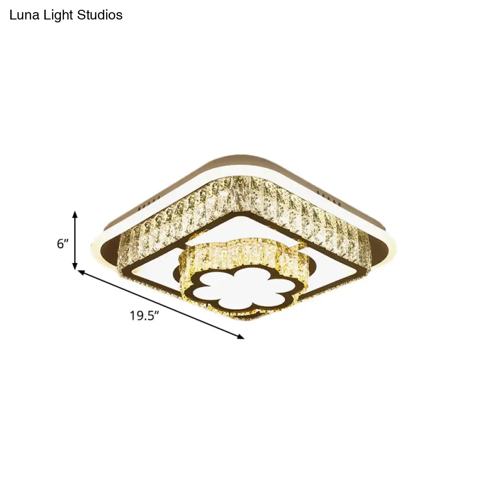 Crystal - Encrusted Led Flushmount Ceiling Light For Bedroom - Modernist White Square And