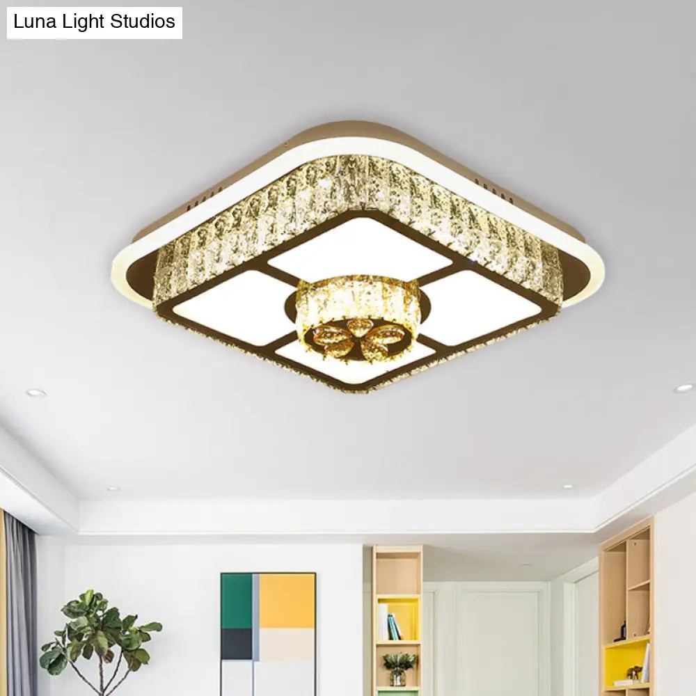Crystal - Encrusted Led Flushmount Ceiling Light For Bedroom - Modernist White Square And