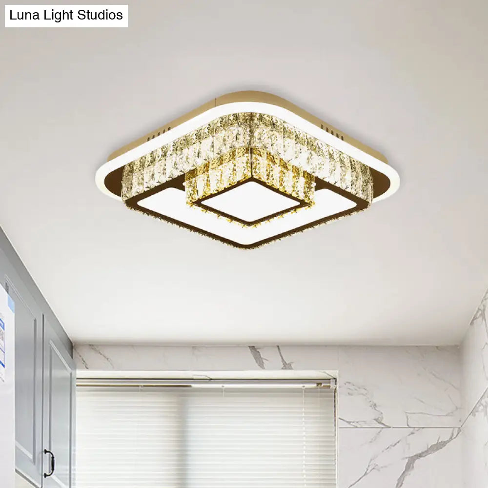 Crystal - Encrusted Led Flushmount Ceiling Light For Bedroom - Modernist White Square And
