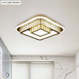 Crystal - Encrusted Led Flushmount Ceiling Light For Bedroom - Modernist White Square And