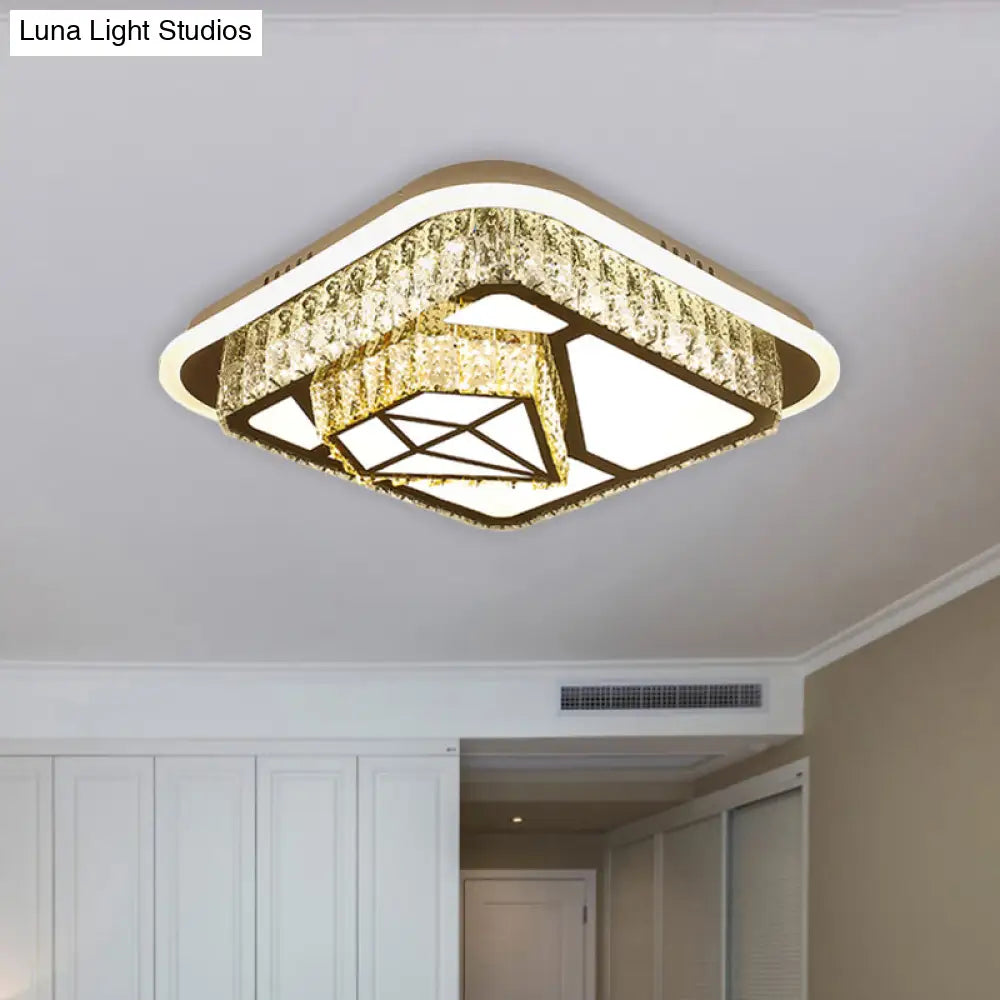 Crystal - Encrusted Led Flushmount Ceiling Light For Bedroom - Modernist White Square And
