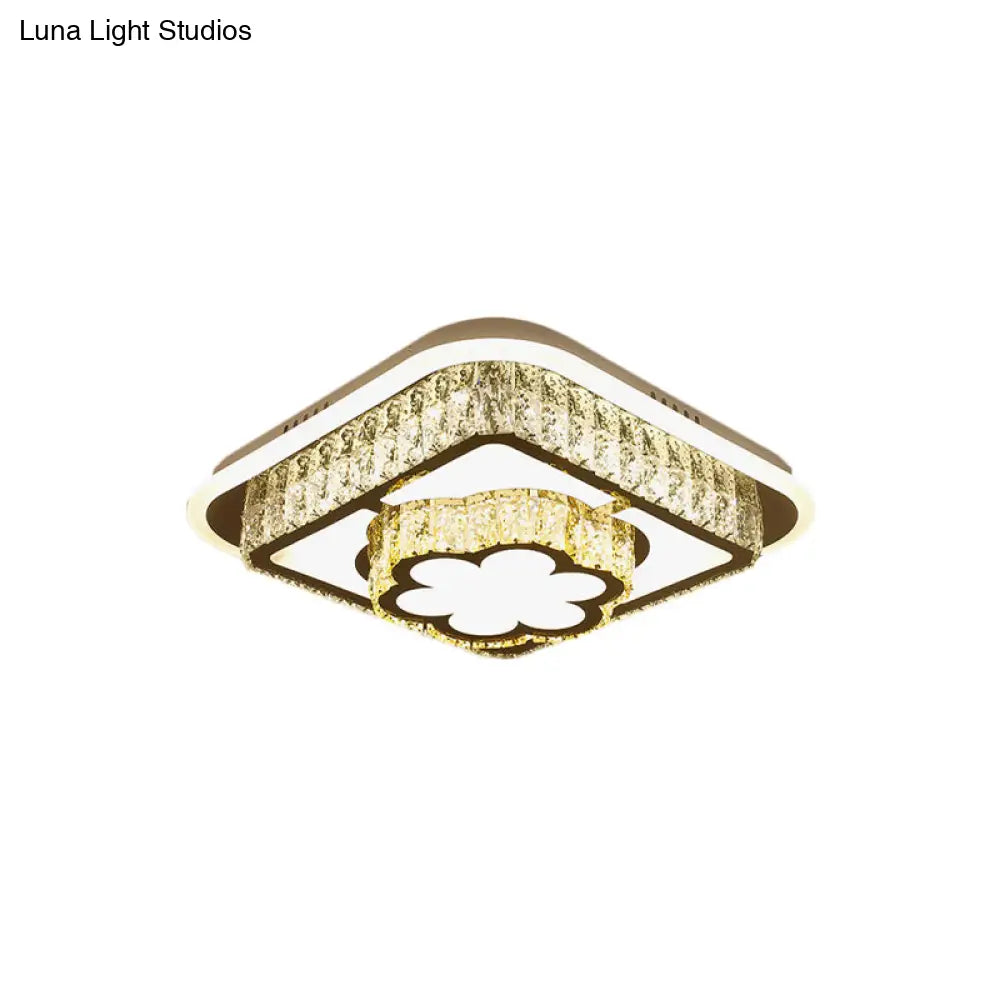 Crystal - Encrusted Led Flushmount Ceiling Light For Bedroom - Modernist White Square And
