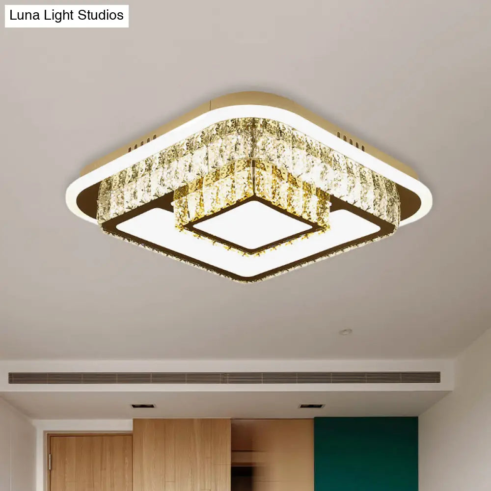 Crystal - Encrusted Led Flushmount Ceiling Light For Bedroom - Modernist White Square And