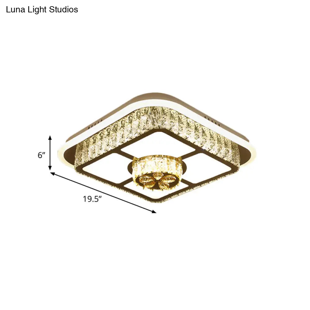 Crystal - Encrusted Led Flushmount Ceiling Light For Bedroom - Modernist White Square And