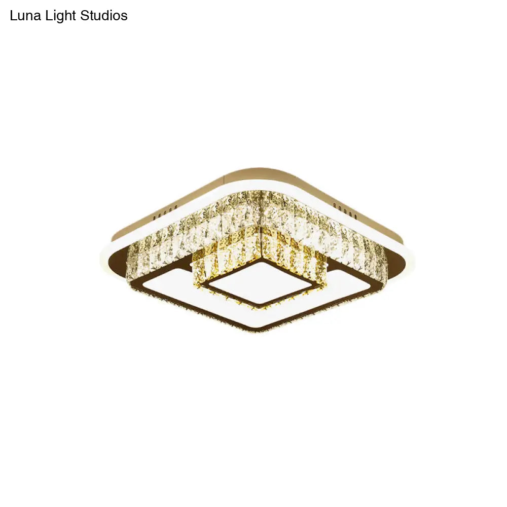 Crystal - Encrusted Led Flushmount Ceiling Light For Bedroom - Modernist White Square And