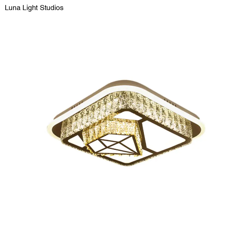 Crystal - Encrusted Led Flushmount Ceiling Light For Bedroom - Modernist White Square And